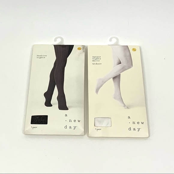 A New Day Set Of Black Metallic Tights & White Opaque Tights New Nwt Size S/M